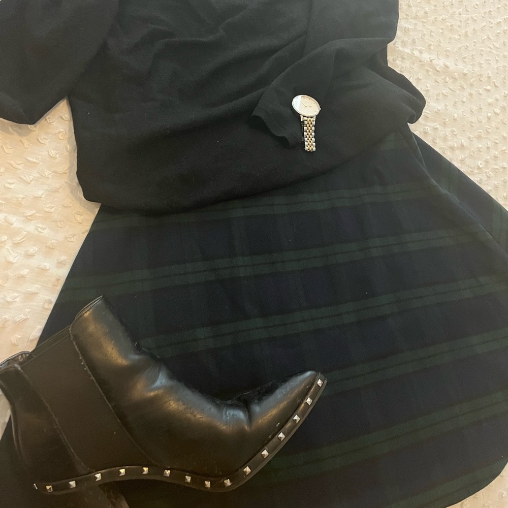 Navy Blue and Green Plaid Skater Skirt